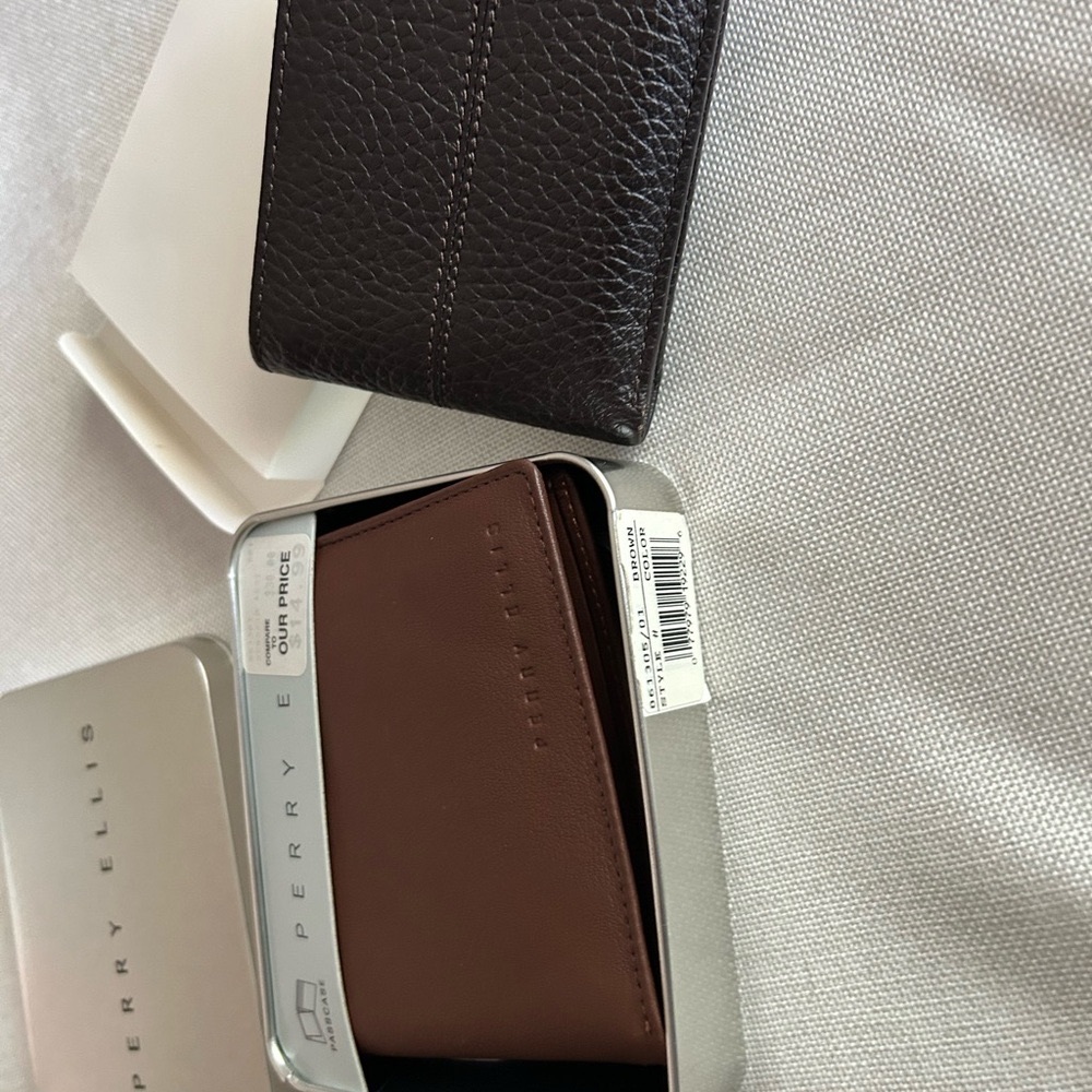 2 new with tags men’s brown leather wallets -Perry Ellis and a casino gift